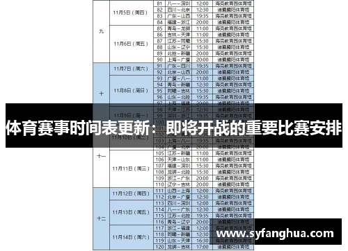 体育赛事时间表更新：即将开战的重要比赛安排