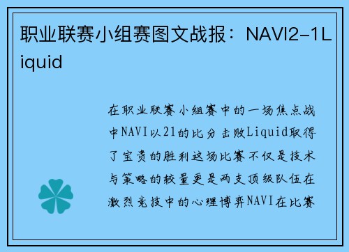 职业联赛小组赛图文战报：NAVI2-1Liquid