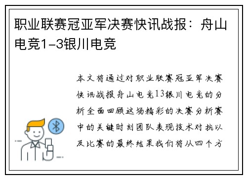 职业联赛冠亚军决赛快讯战报：舟山电竞1-3银川电竞